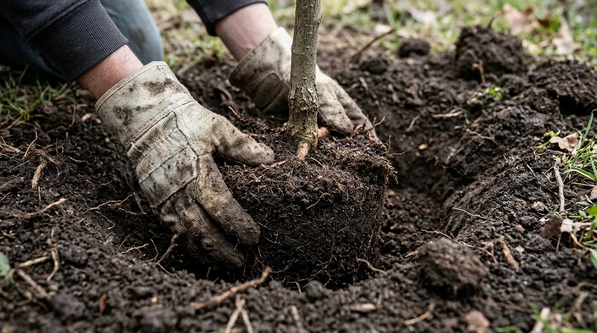 Manos con guantes colocando el cepellón de un árbol en el hoyo de plantación