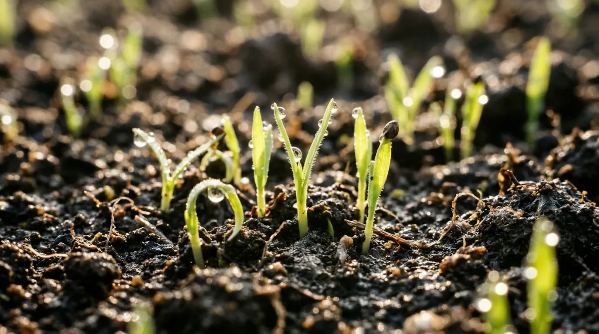 Brotes de césped recién germinados con gotas de rocío