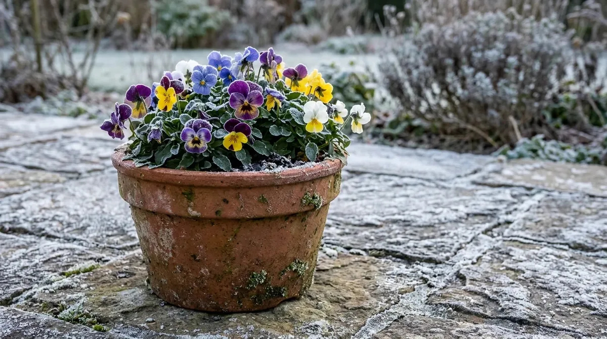 Pensamientos y violas en maceta de barro con escarcha en una terraza de piedra