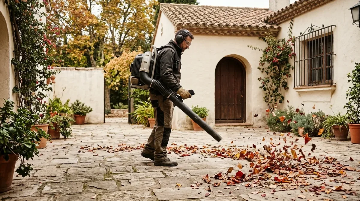 Jardinero retirando hojas secas de un patio con un soplador de mochila